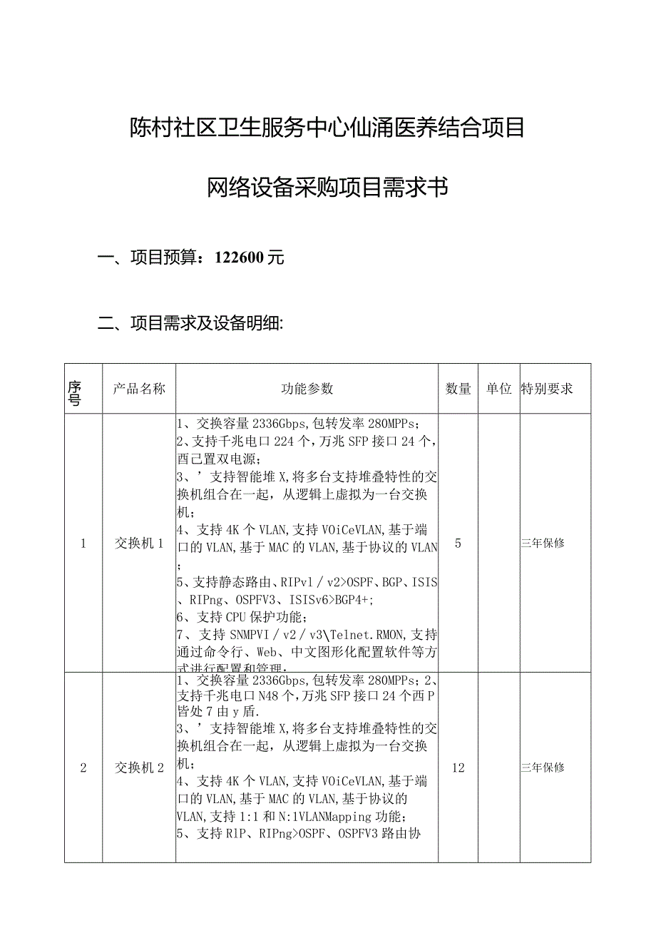 陈村社区卫生服务中心仙涌医养结合项目网络设备采购项目需求书.docx_第1页