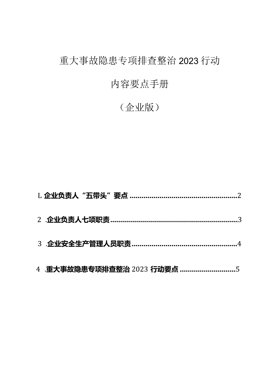 重大事故隐患专项排查整治 2023 行动：企业负责人“五带头”+七项职责+安全管理员职责+行动要点.docx_第1页