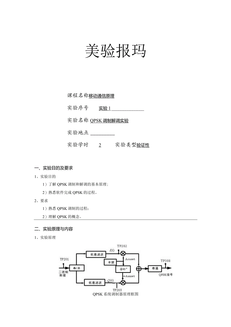 移动通信原理实验报告1--QPSK调制解调实验.docx_第1页