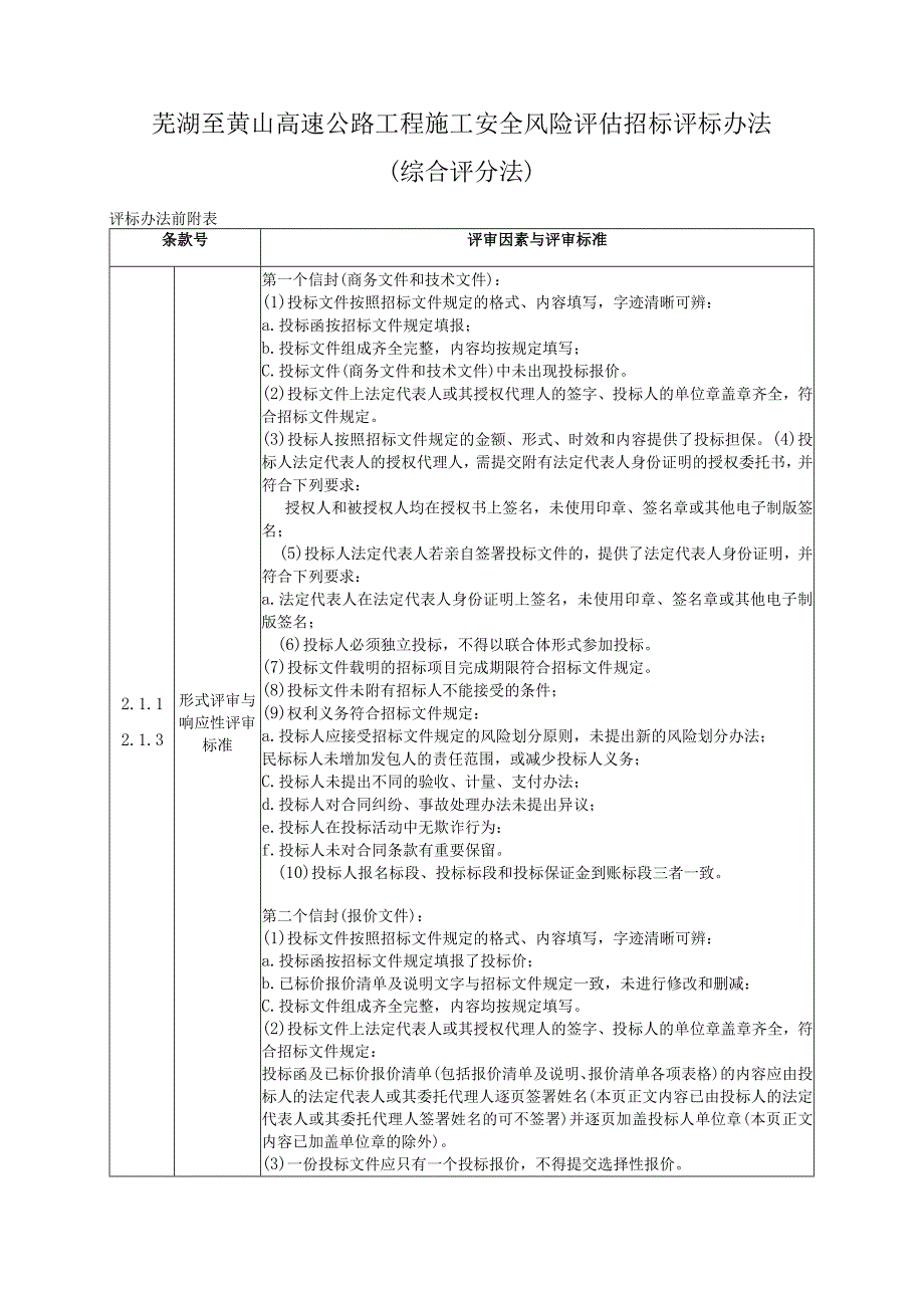 芜湖至黄山高速公路工程施工安全风险评估招标评标办法综合评分法.docx_第1页