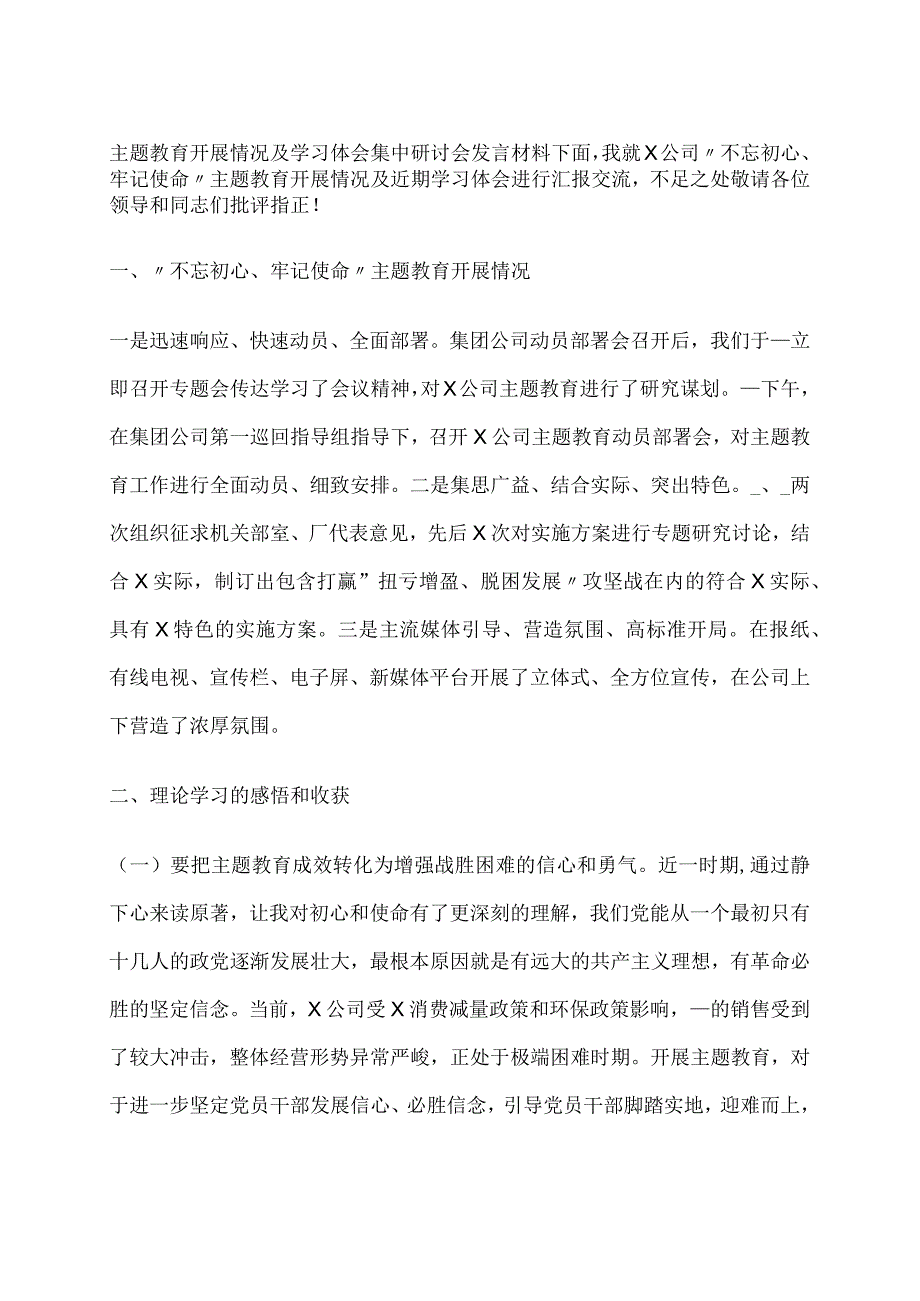 主题教育开展情况及学习体会集中研讨会发言材料.docx_第1页