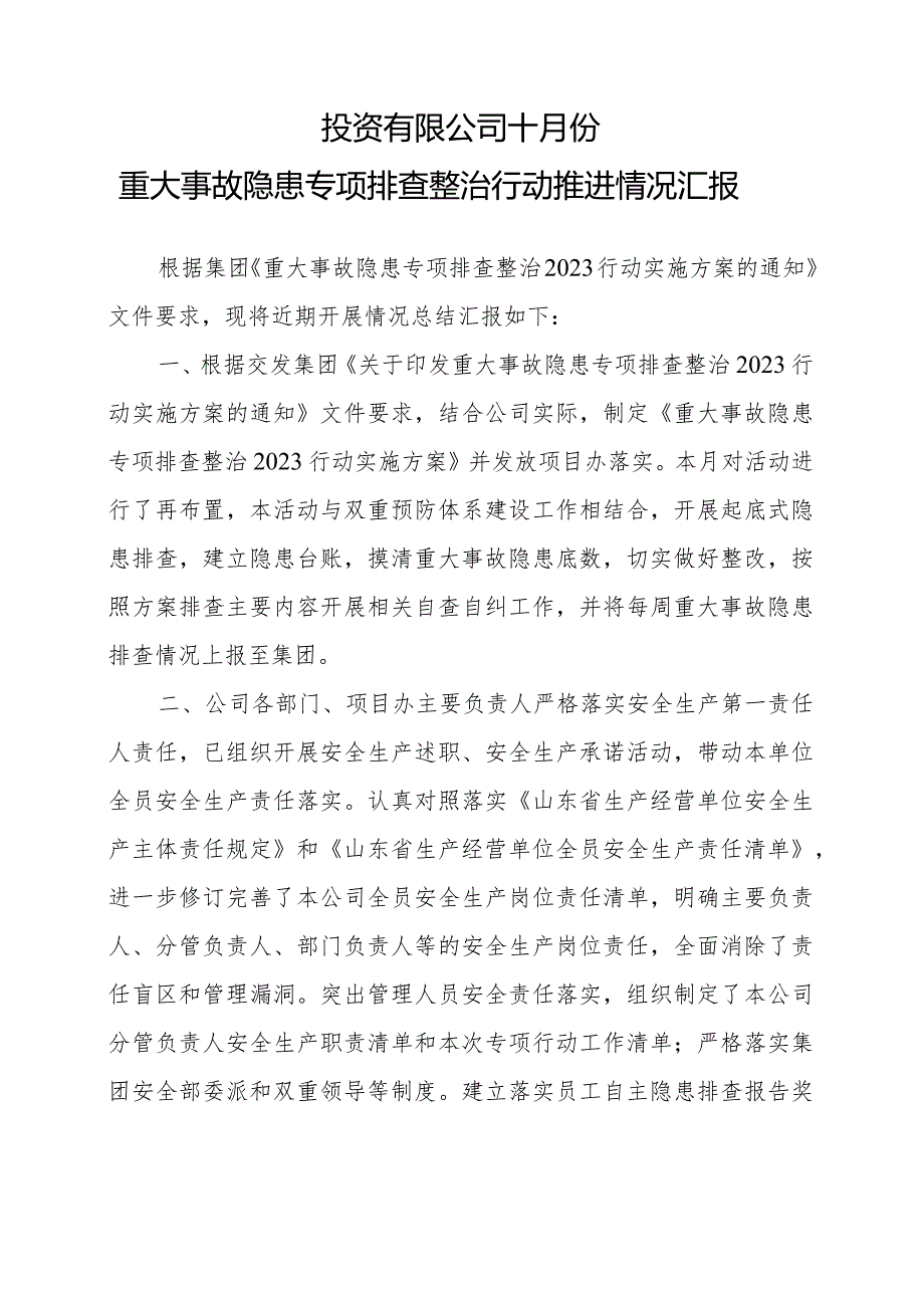 重大事故隐患专项排查整治行动2023推进情况汇报.docx_第1页