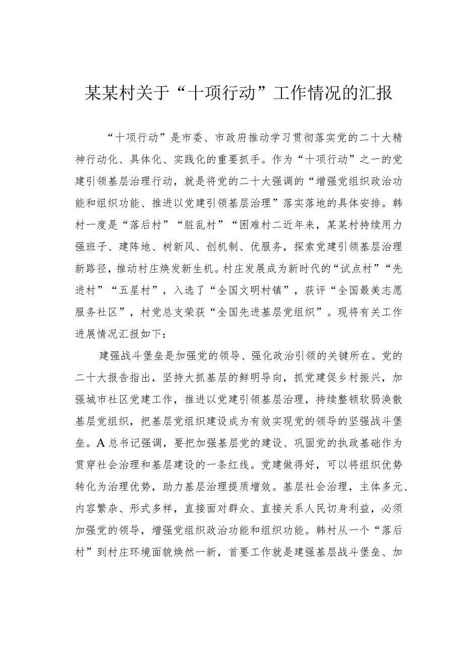 某某村关于“十项行动”工作情况的汇报.docx_第1页