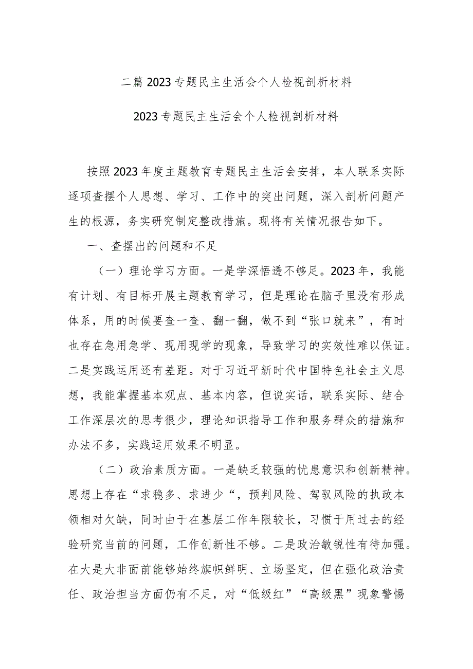 二篇2023专题民主生活会个人检视剖析材料.docx_第1页