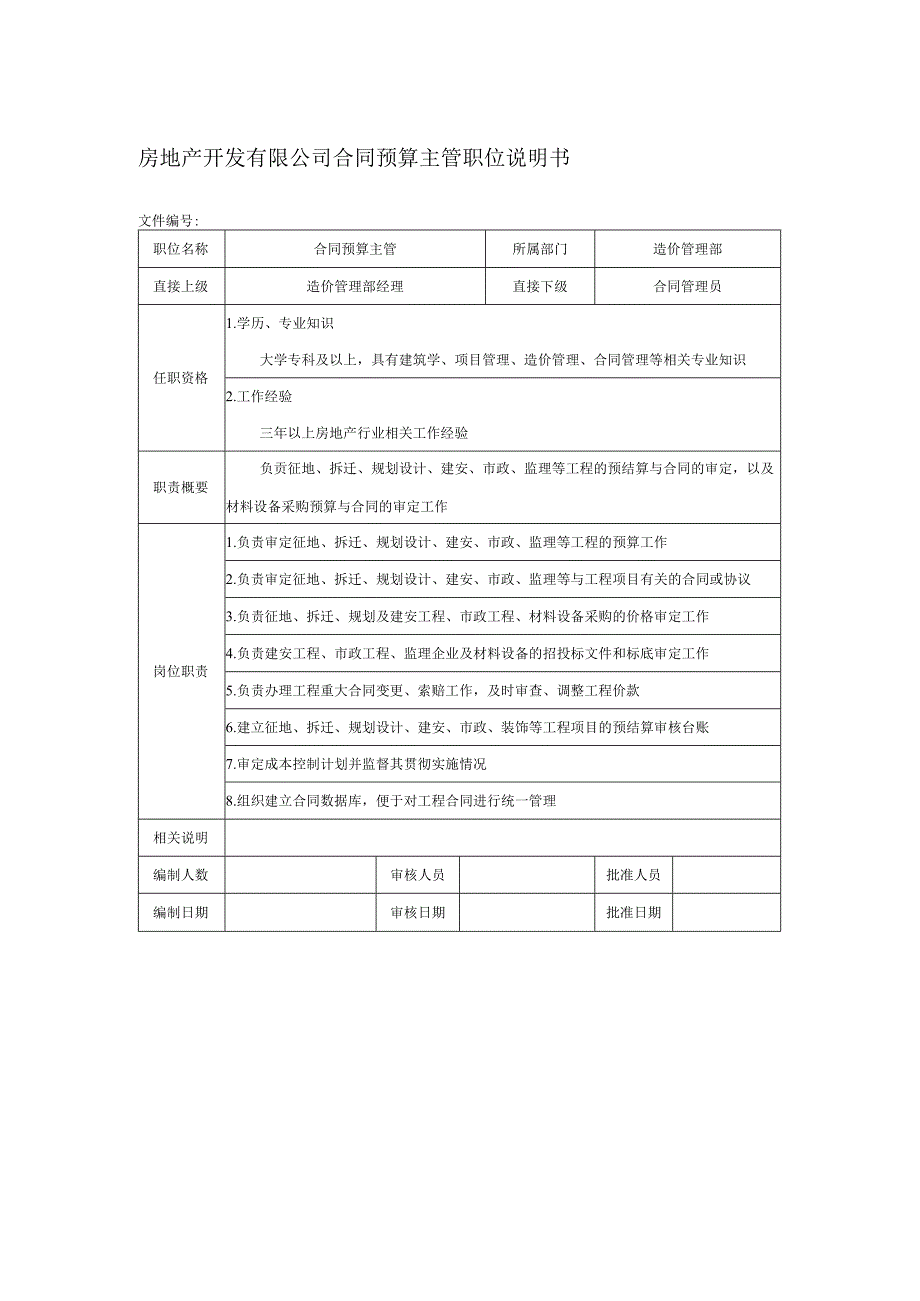 房地产开发有限公司合同预算主管职位说明书.docx_第1页