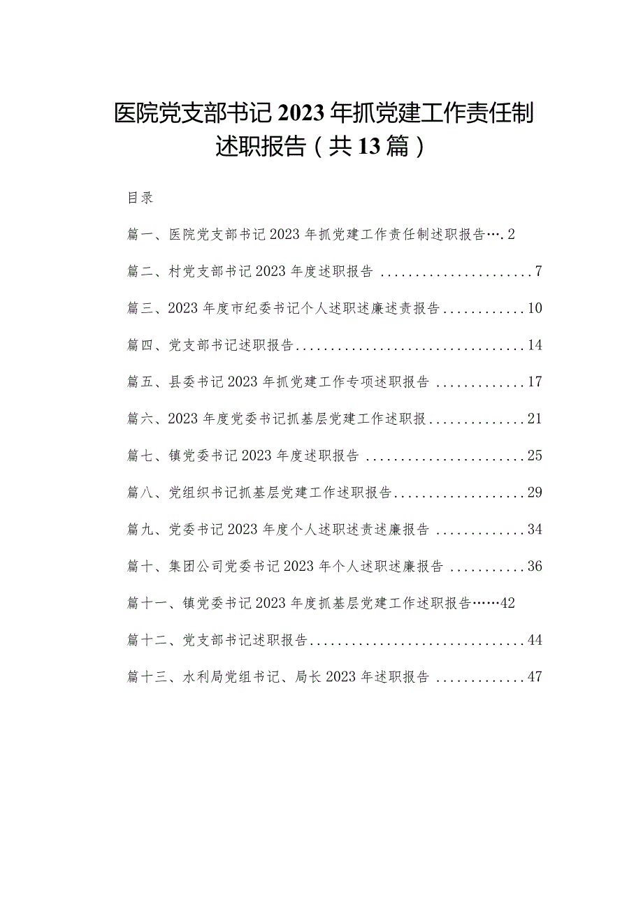 医院党支部书记2023年抓党建工作责任制述职报告（共13篇）.docx_第1页