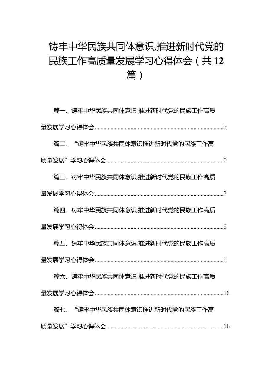 铸牢中华民族共同体意识,推进新时代党的民族工作高质量发展学习心得体会范文12篇供参考.docx_第1页