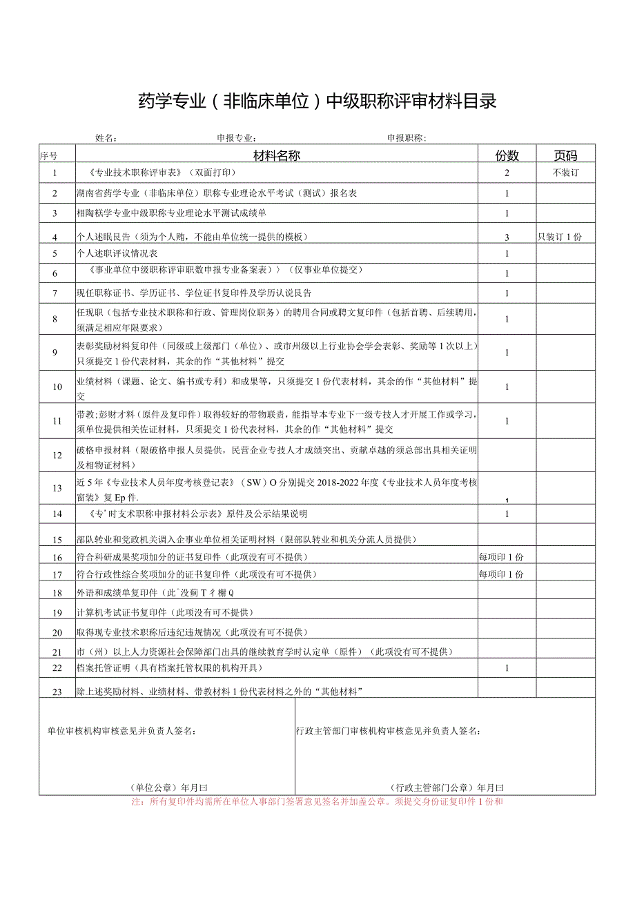 药学专业非临床单位中级职称评审材料目录.docx_第1页