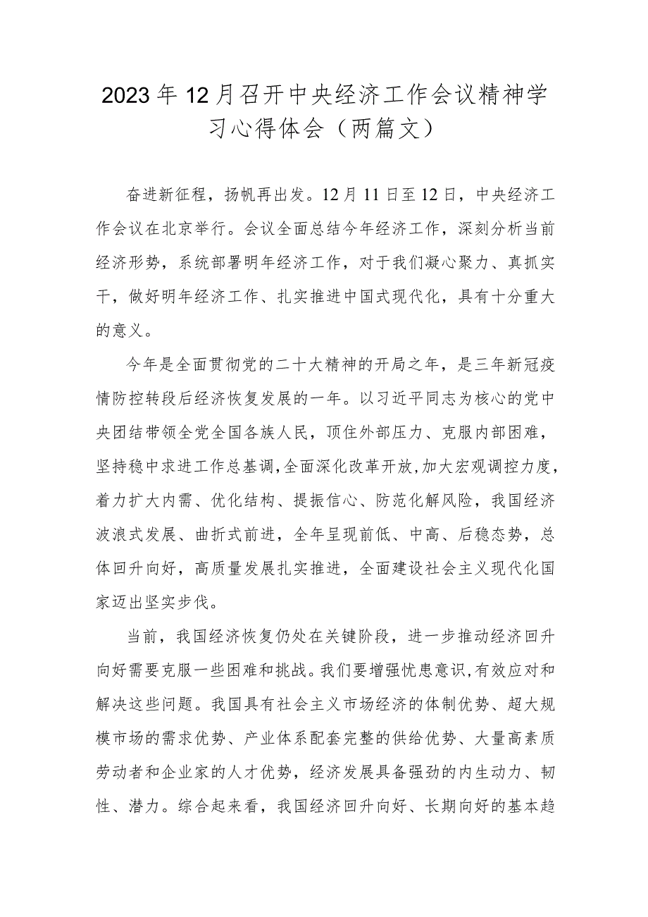 2023年12月召开中央经济工作会议精神学习心得体会（两篇文）.docx_第1页