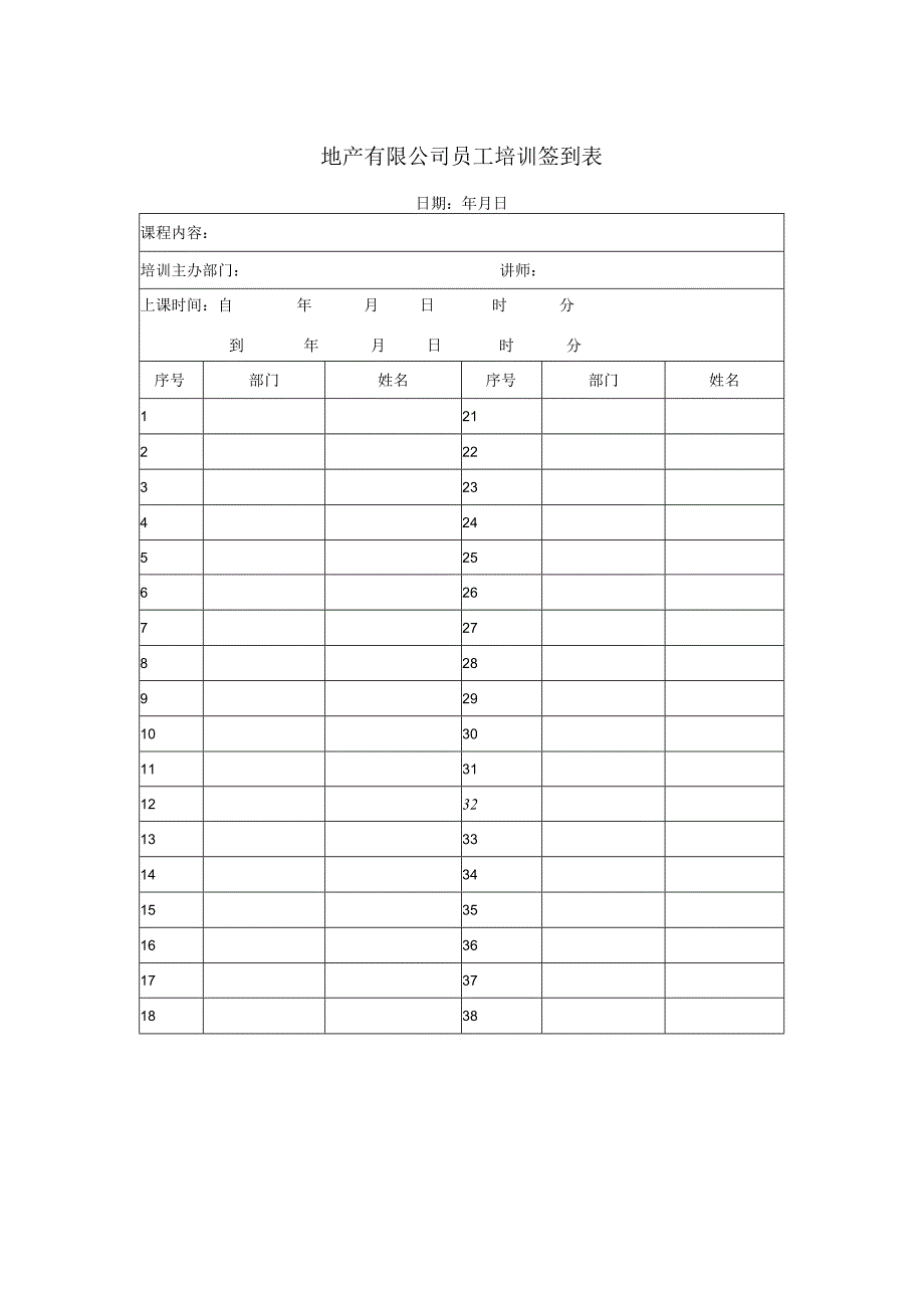 地产有限公司员工培训签到表.docx_第1页