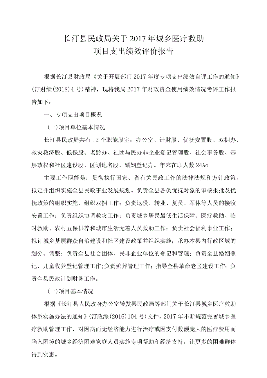 长汀县民政局关于2017年城乡医疗救助项目支出绩效评价报告.docx_第1页