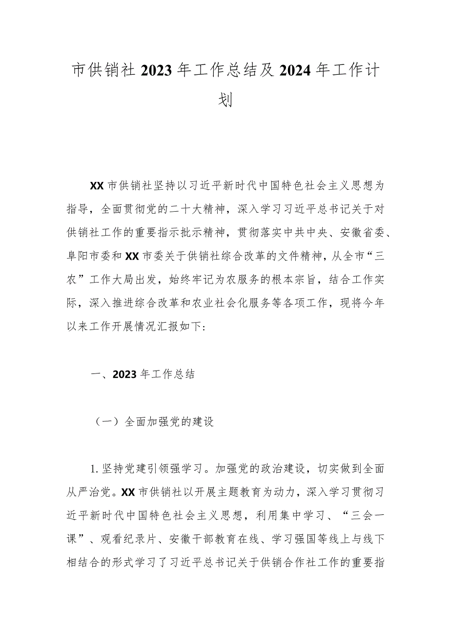 市供销社2023年工作总结及2024年工作计划.docx_第1页