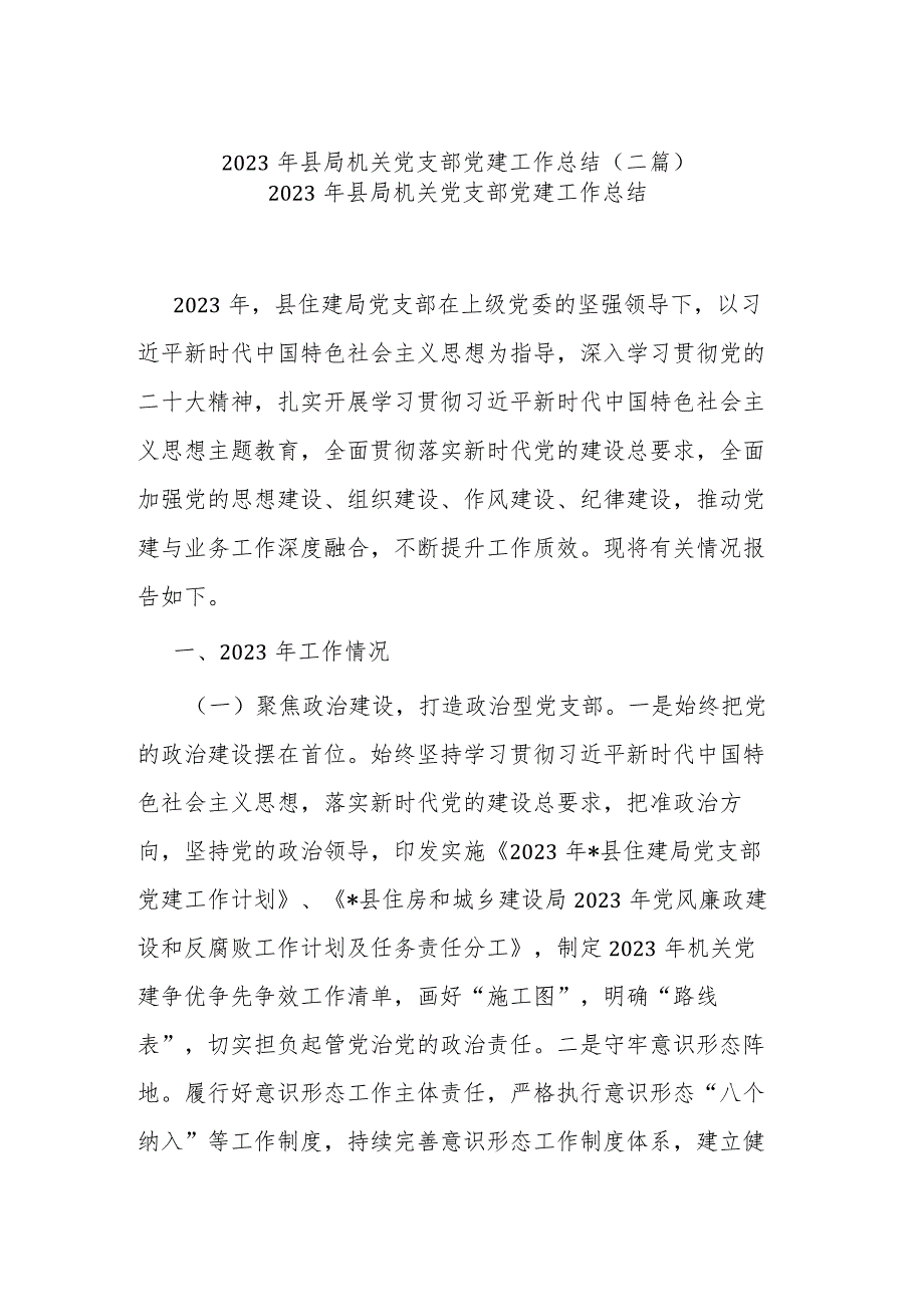 2023年县局机关党支部党建工作总结(二篇).docx_第1页