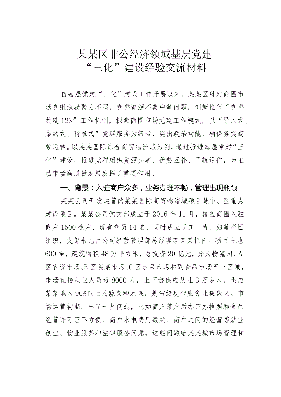 某某区非公经济领域基层党建“三化”建设经验交流材料.docx_第1页