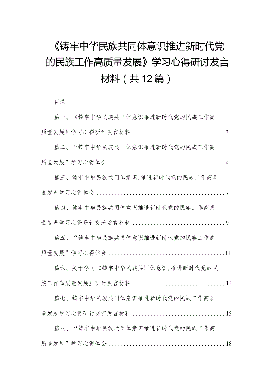 《铸牢中华民族共同体意识推进新时代党的民族工作高质量发展》学习心得研讨发言材料（共12篇）.docx_第1页