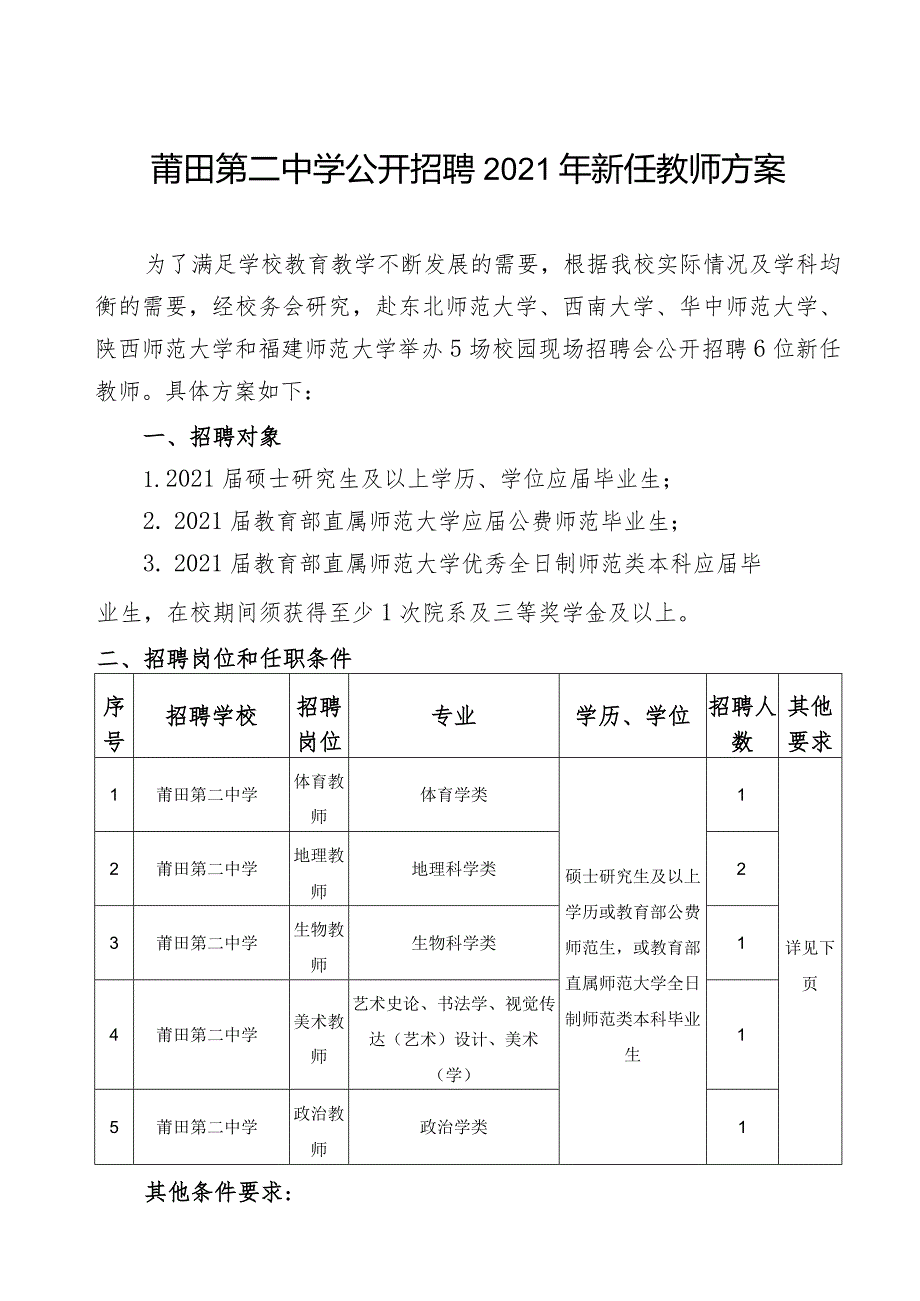 莆田第二中学公开招聘2021年新任教师方案.docx_第1页