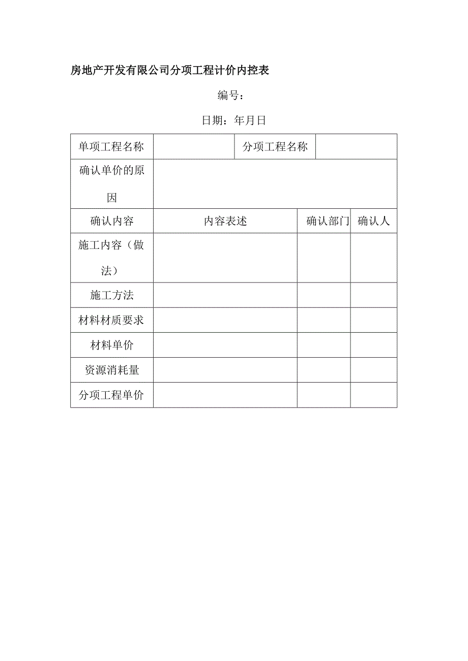 房地产开发有限公司分项工程计价内控表.docx_第1页