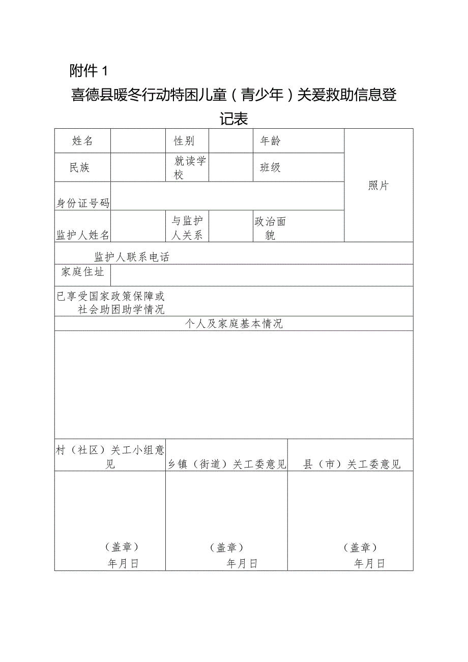 喜德县暖冬行动特困儿童（青少年）关爱救助信息登记表.docx_第1页