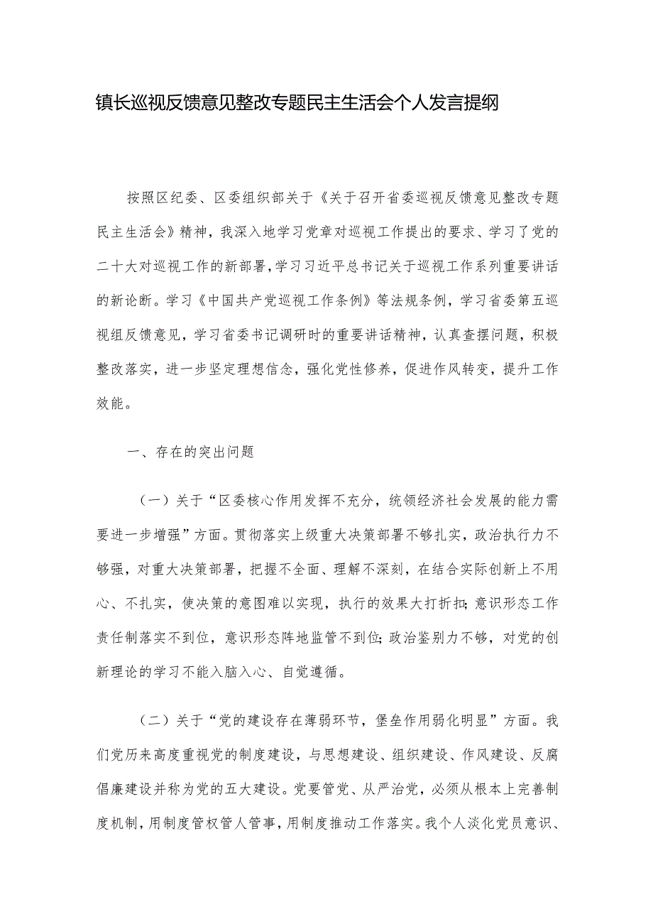 镇长巡视反馈意见整改专题民主生活会个人发言提纲.docx_第1页