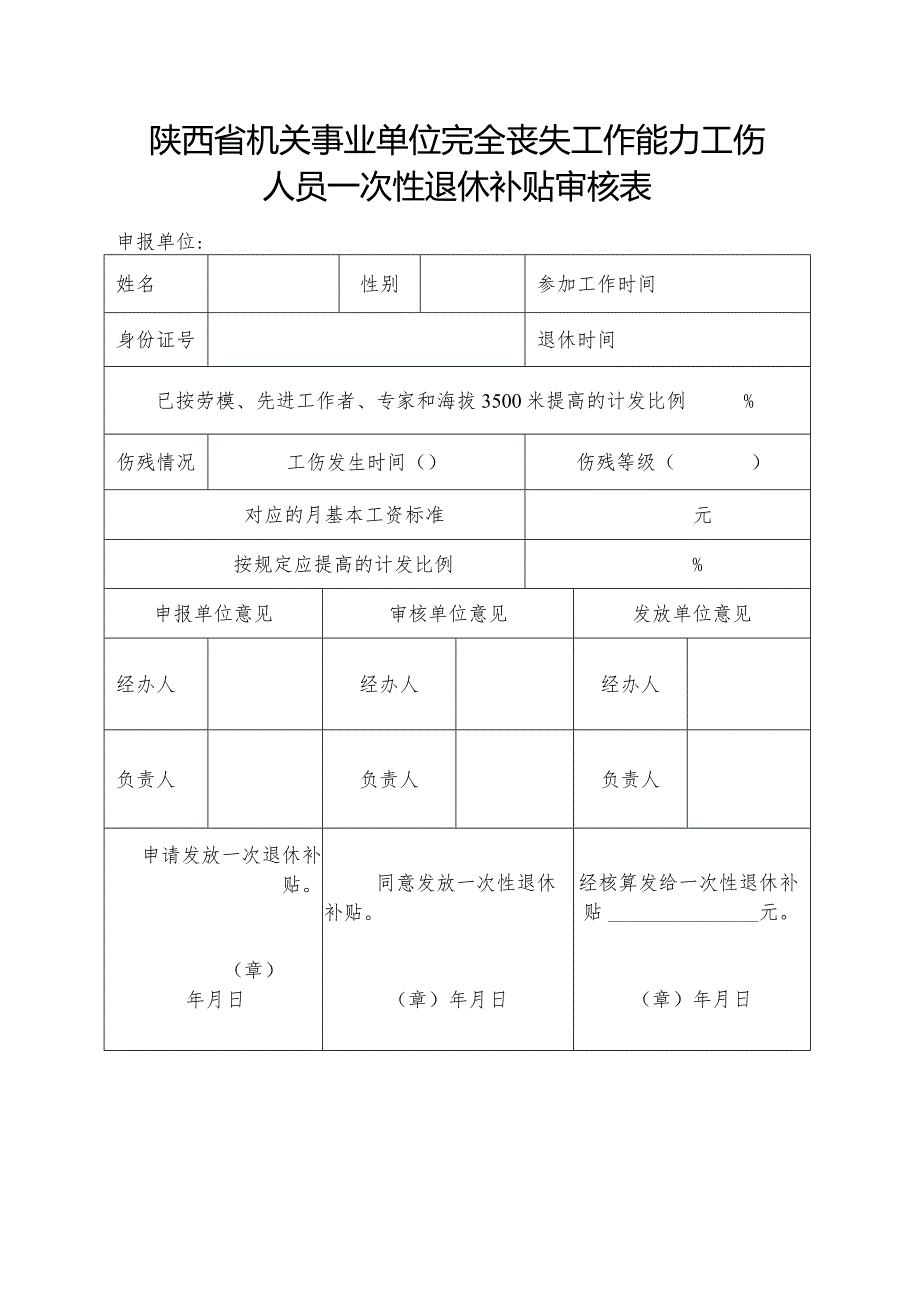陕西省机关事业单位完全丧失工作能力工伤人员一次性退休补贴审核表.docx_第1页