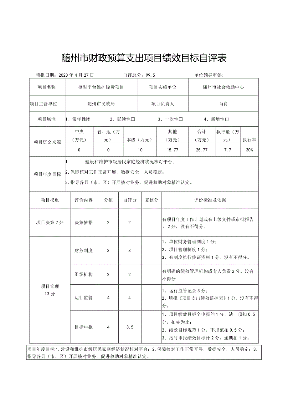 随州市财政预算支出项目绩效目标自评表.docx_第1页