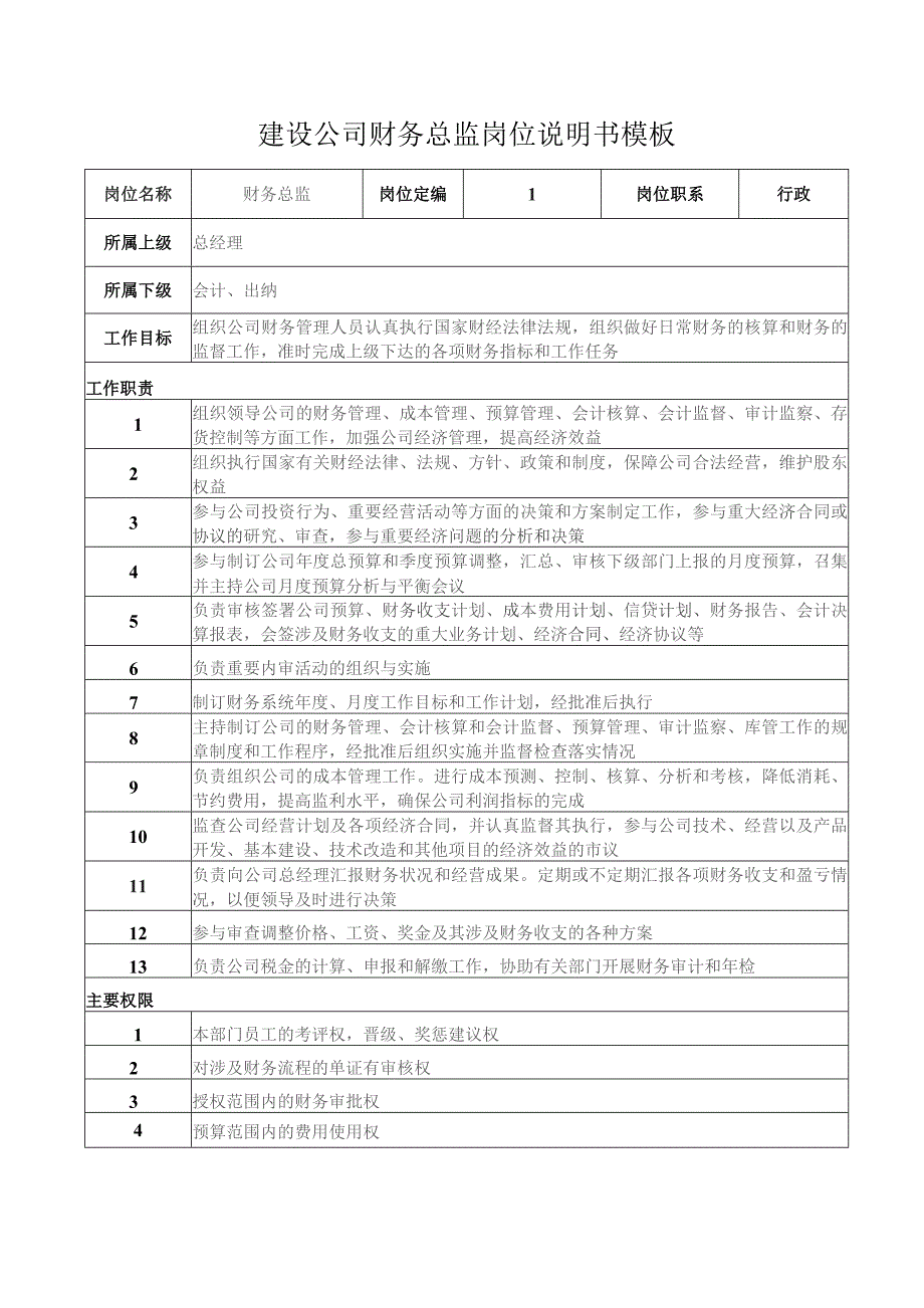 建设公司财务总监岗位说明书模板.docx_第1页