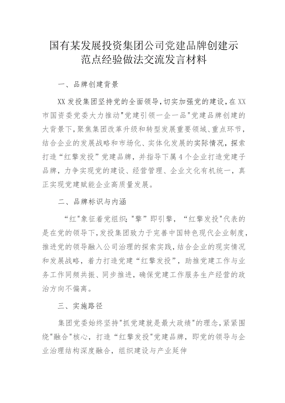 某发展投资集团公司党建品牌创建示范点经验做法交流发言材料.docx_第1页