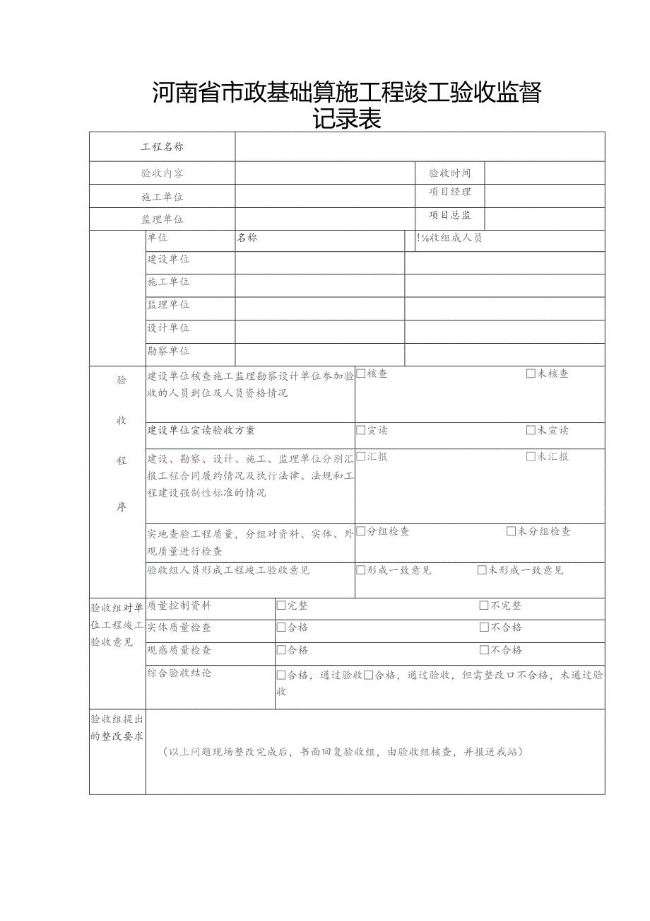 河南省市政基础设施工程竣工验收监督记录表.docx_第1页