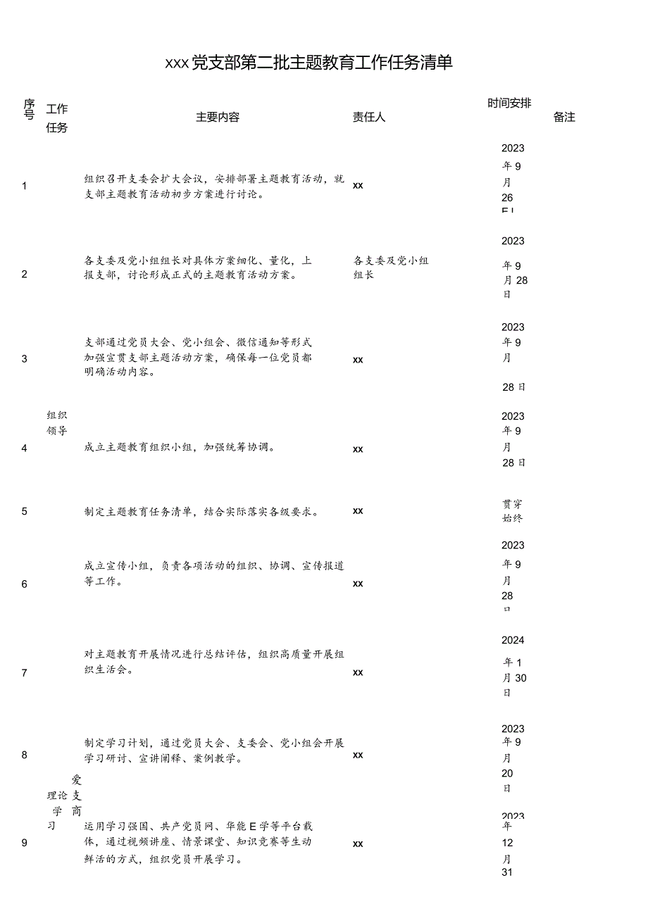 XXX党支部第二批主题教育工作任务清单.docx_第1页