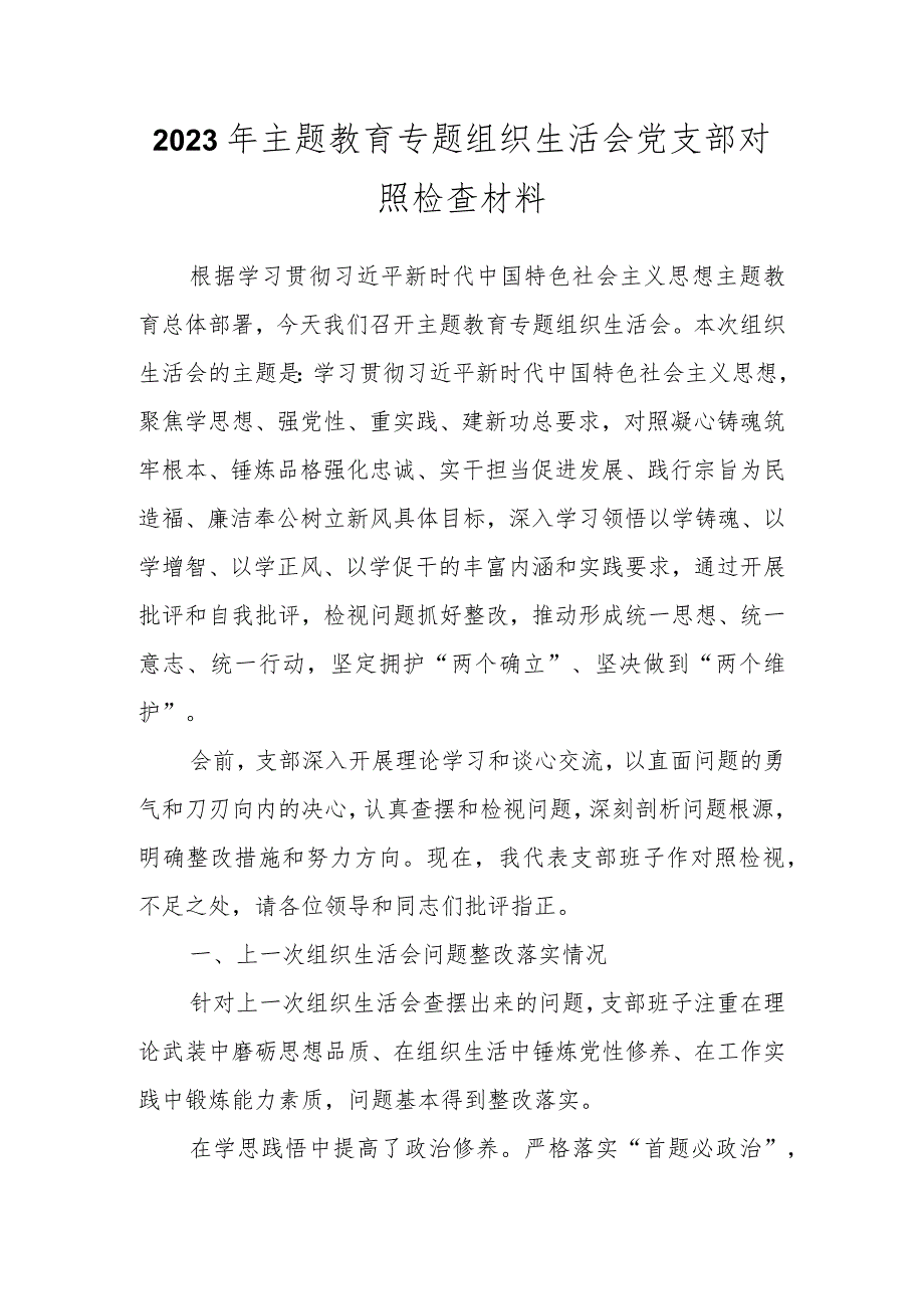 2023年主题教育 专题组织生活会党支部对照检查材料.docx_第1页