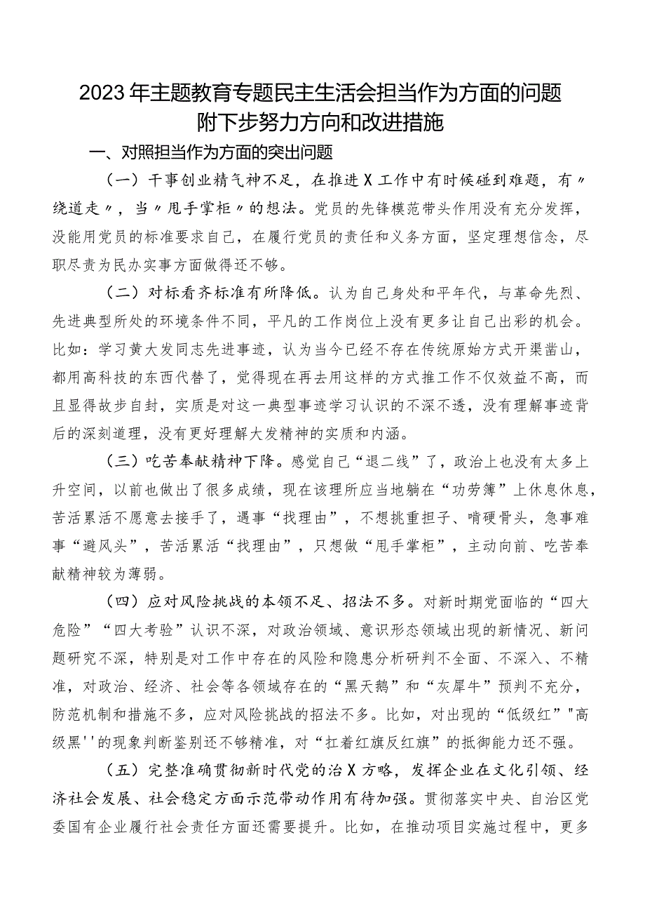 2023年专题教育专题民主生活会担当作为方面的问题附下步努力方向和改进措施.docx_第1页