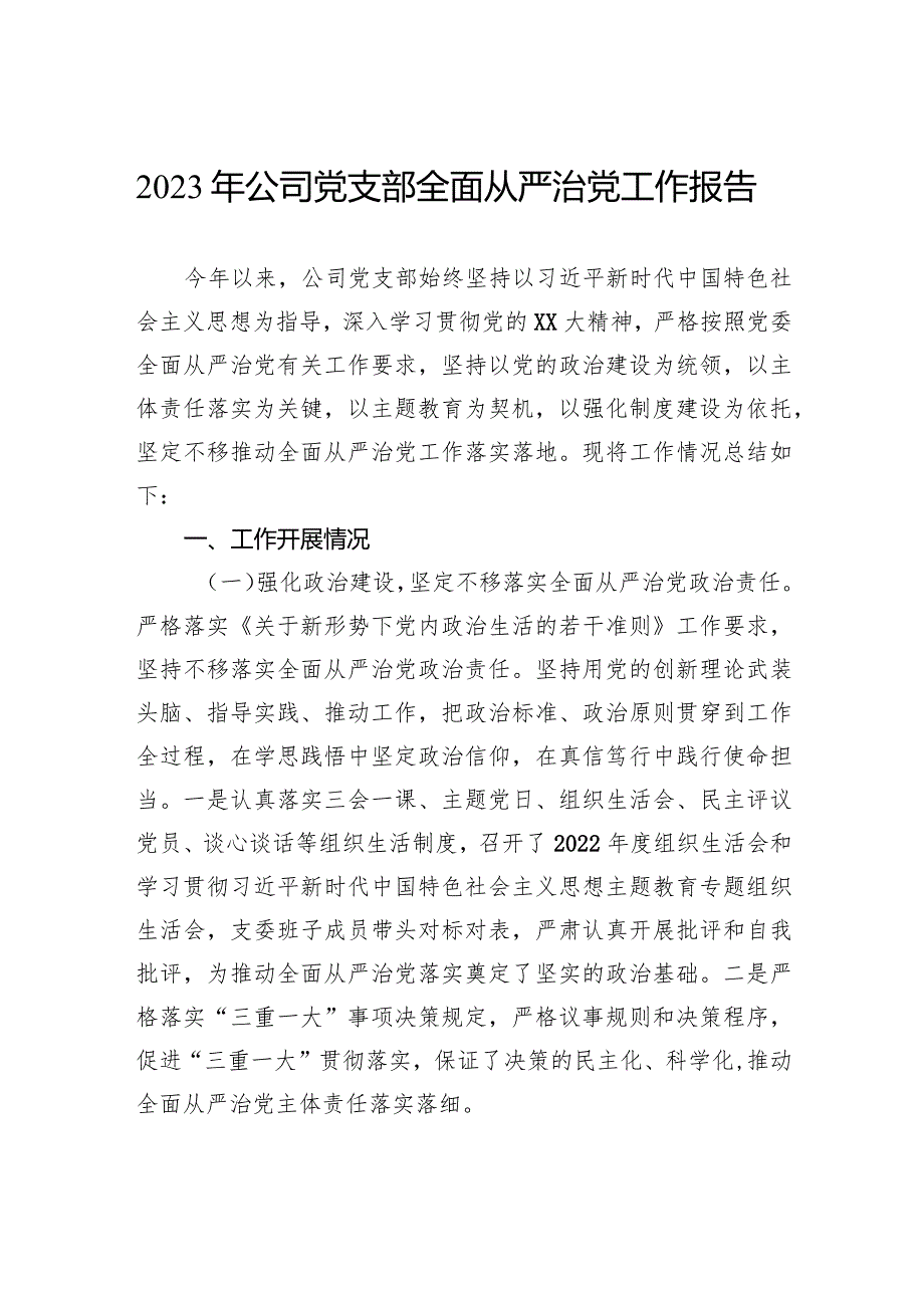 2023年公司党支部全面从严治党工作报告.docx_第1页