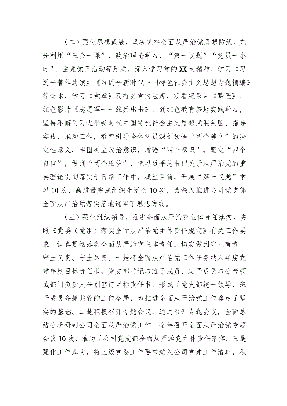 2023年公司党支部全面从严治党工作报告.docx_第2页