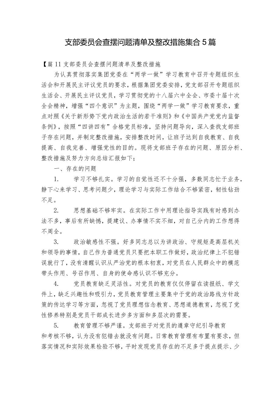 支部委员会查摆问题清单及整改措施集合5篇.docx_第1页