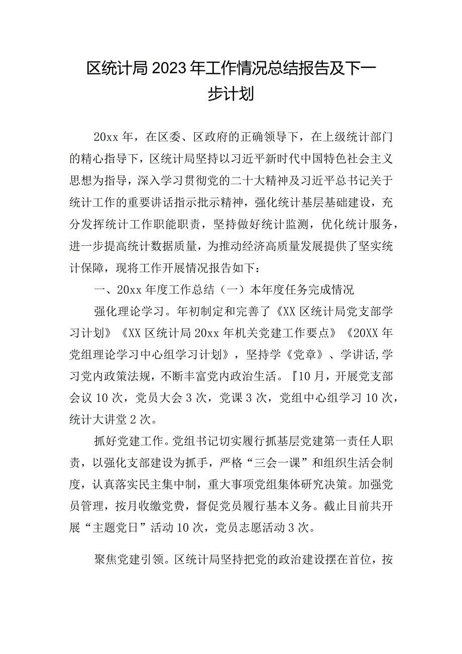 区统计局2023年工作情况总结报告及下一步计划.docx_第1页