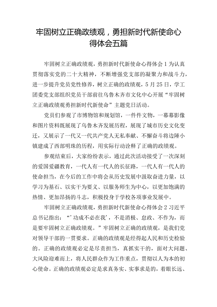 牢固树立正确政绩观勇担新时代新使命心得体会五篇.docx_第1页