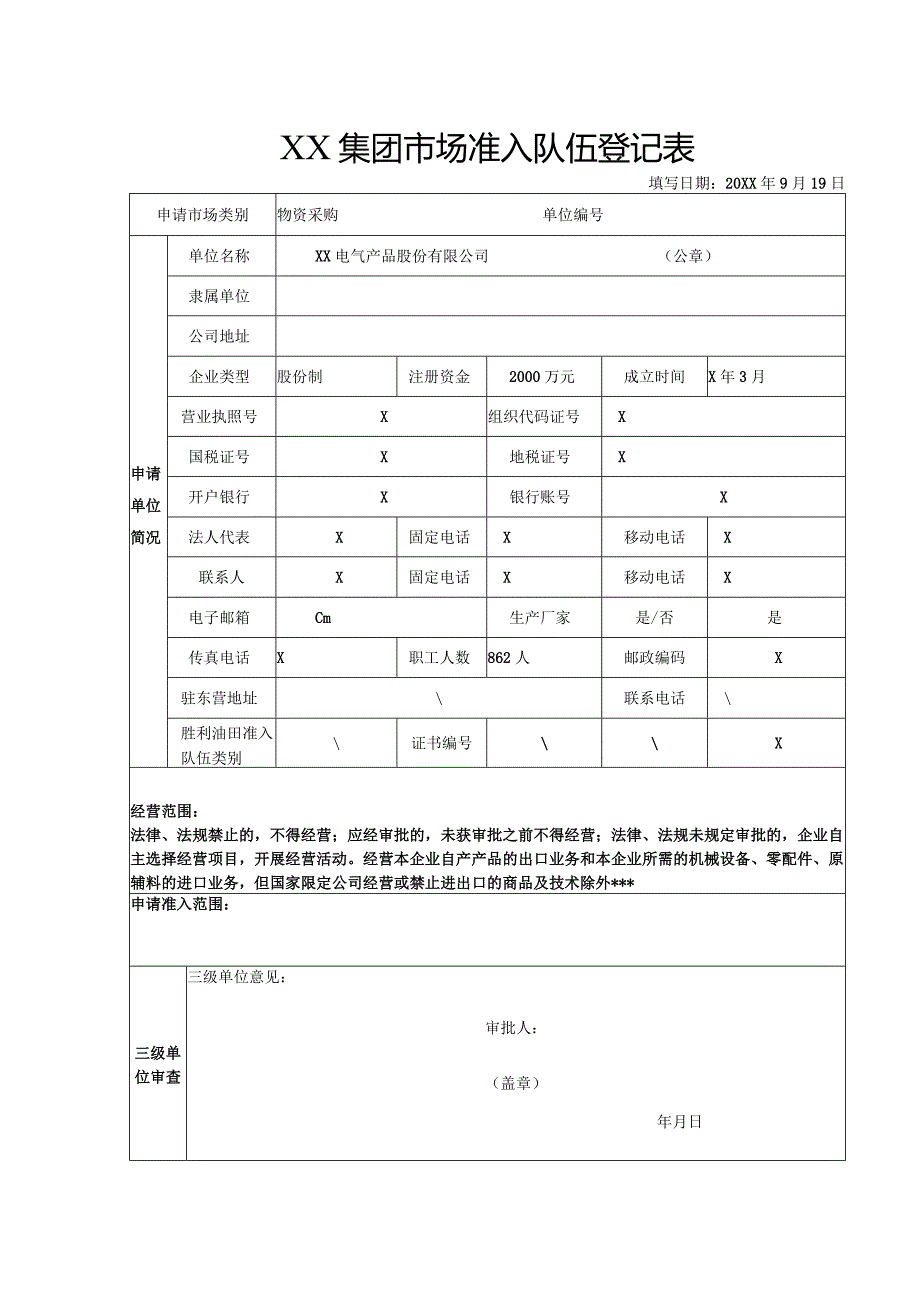 XX集团市场准入队伍登记表（2023年XX电气产品股份有限公司）.docx_第1页