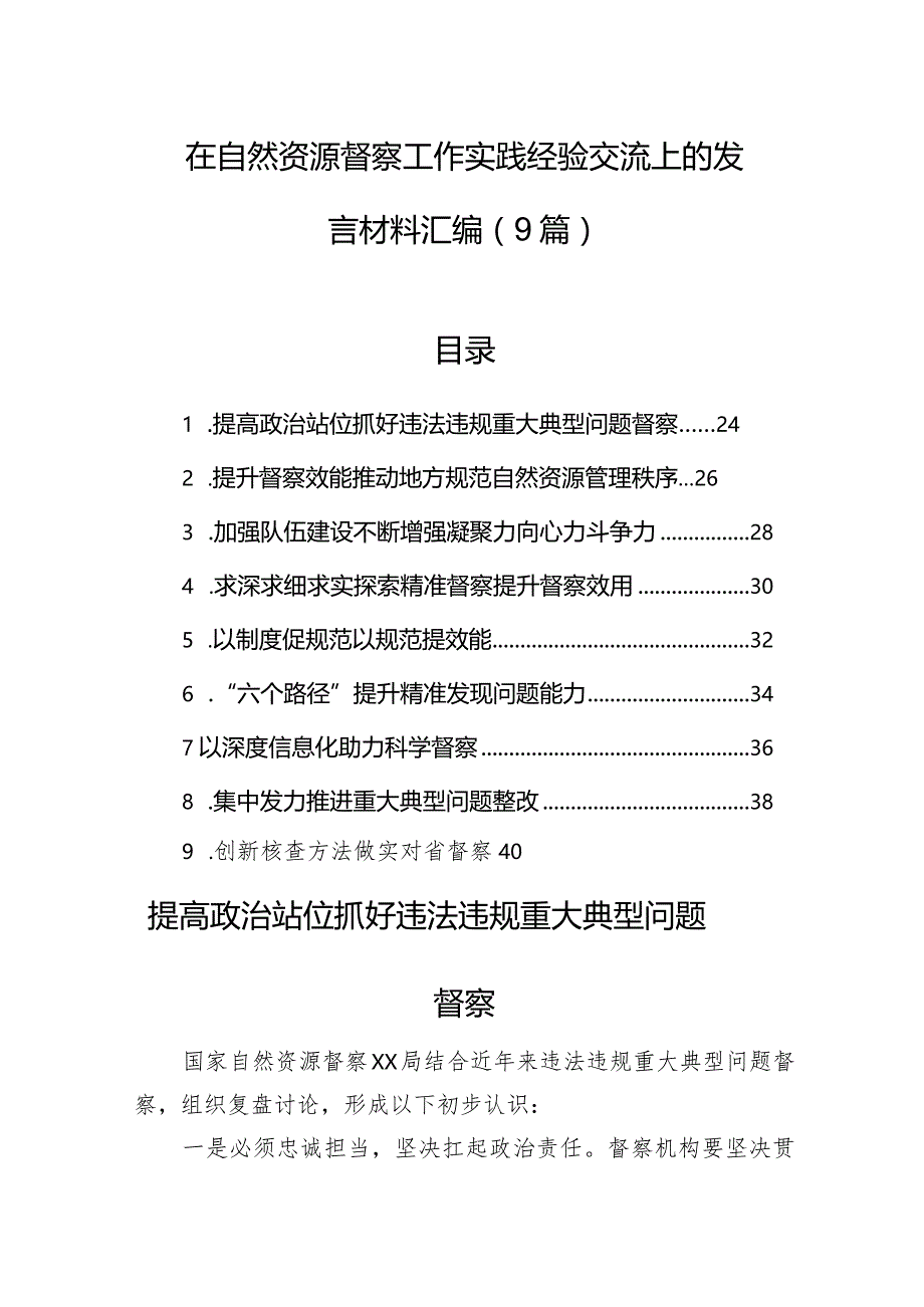 在自然资源督察工作实践经验交流上的发言材料汇编（9篇）.docx_第1页