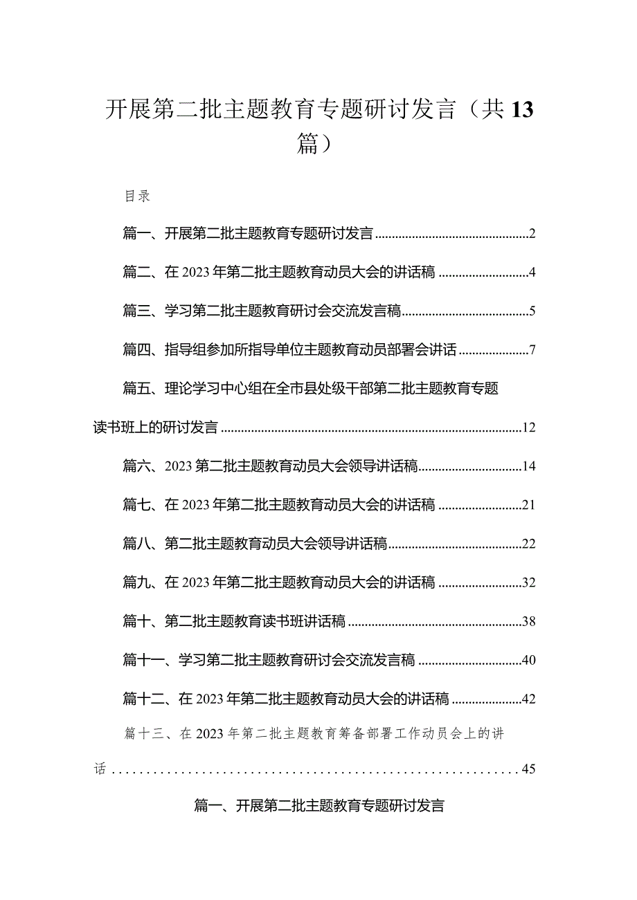 2023开展第二批专题教育专题研讨发言（共13篇）.docx_第1页