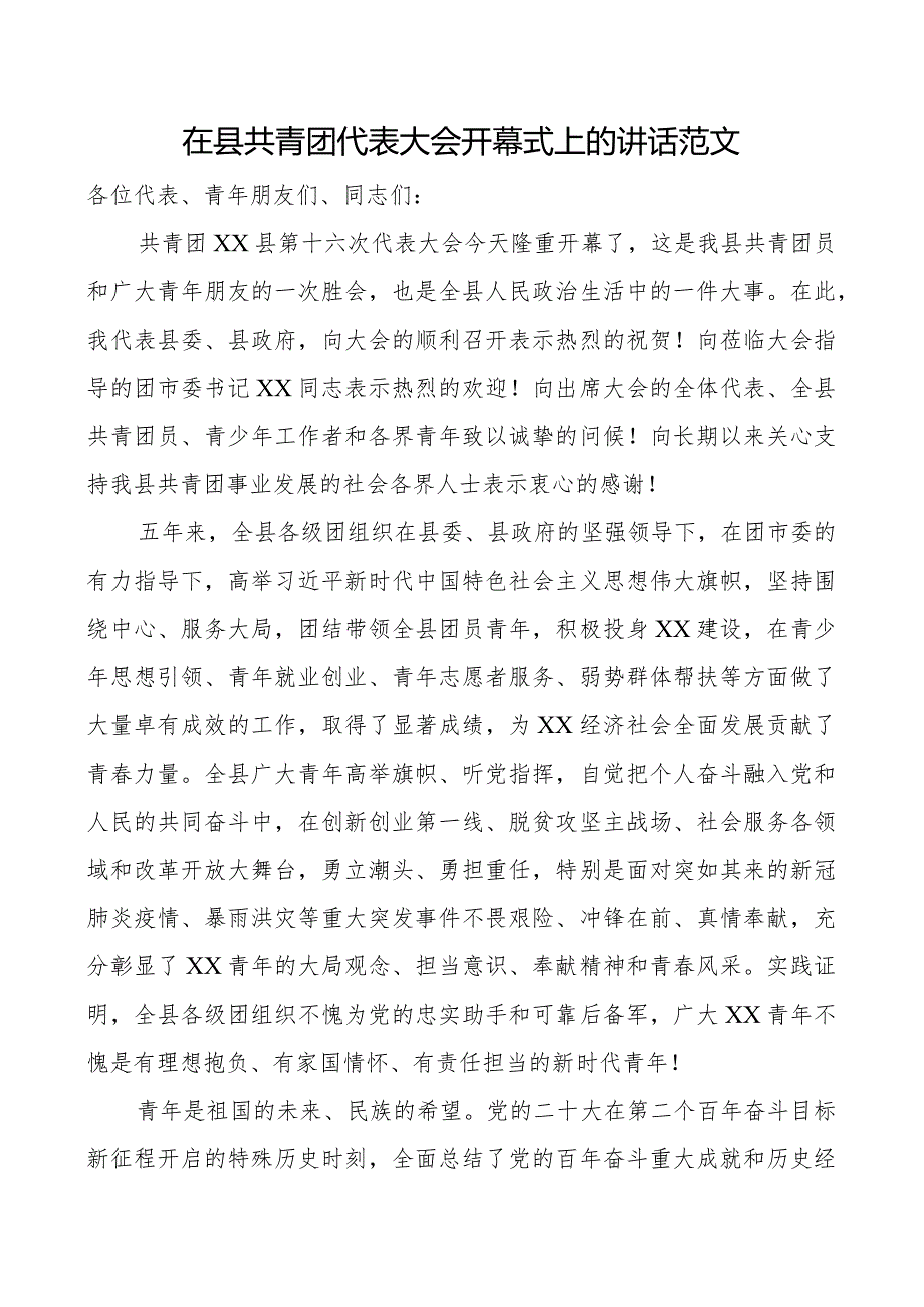 县共青团代表大会开幕式讲话.docx_第1页