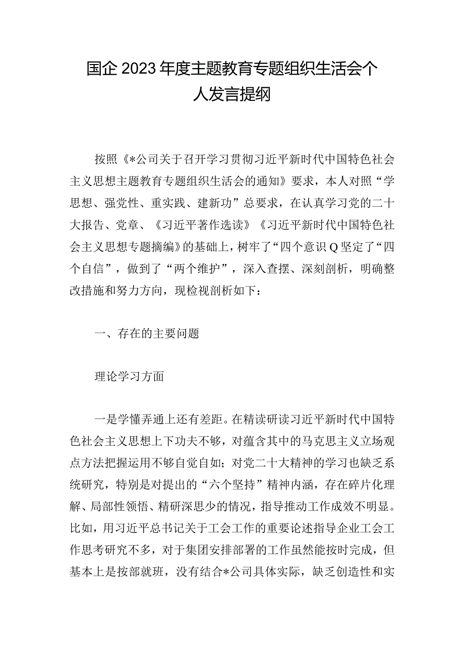 国企2023年度主题教育专题组织生活会个人发言提纲.docx_第1页