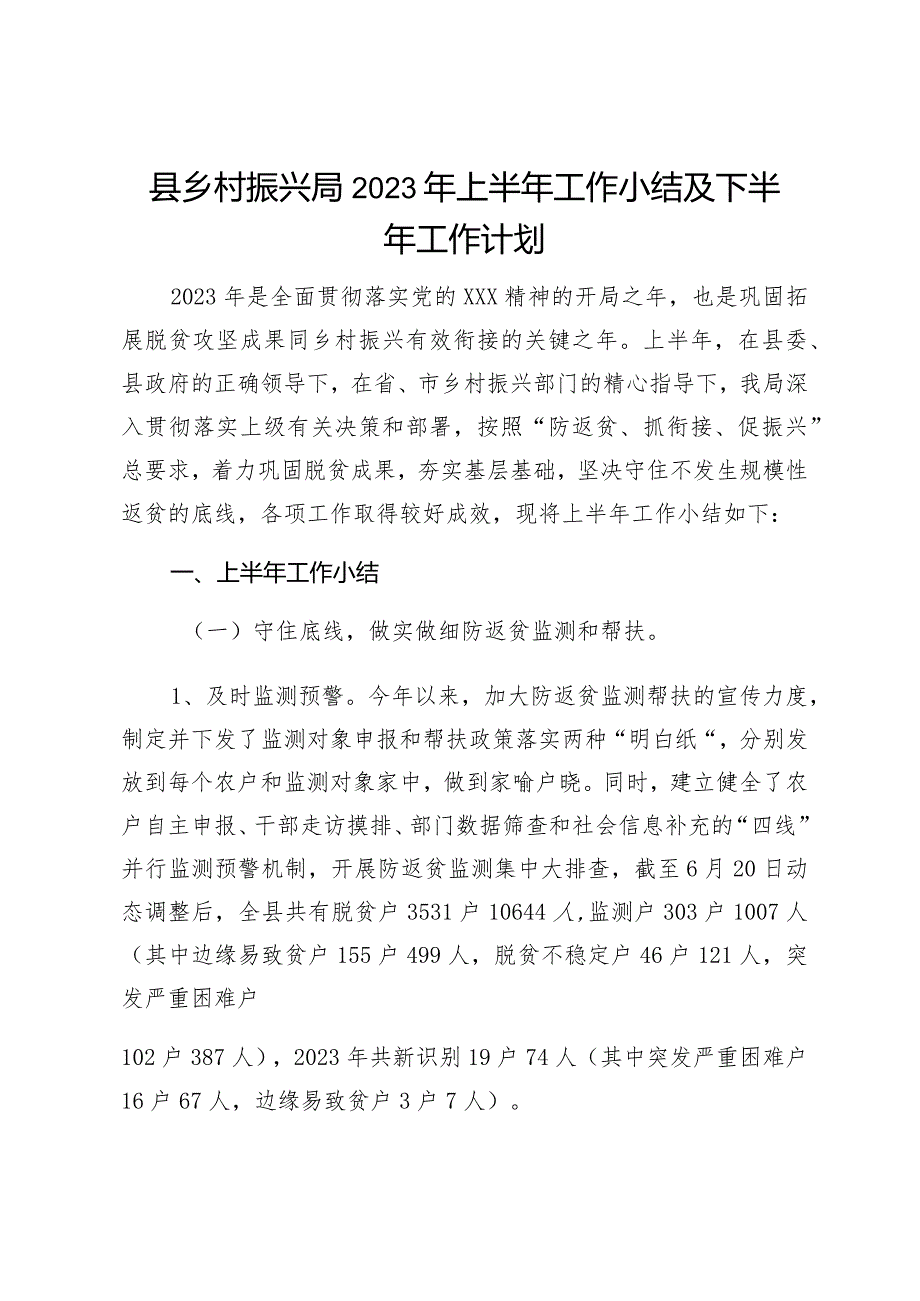 县乡村振兴局2023年上半年工作小结及下半年工作计划.docx_第1页