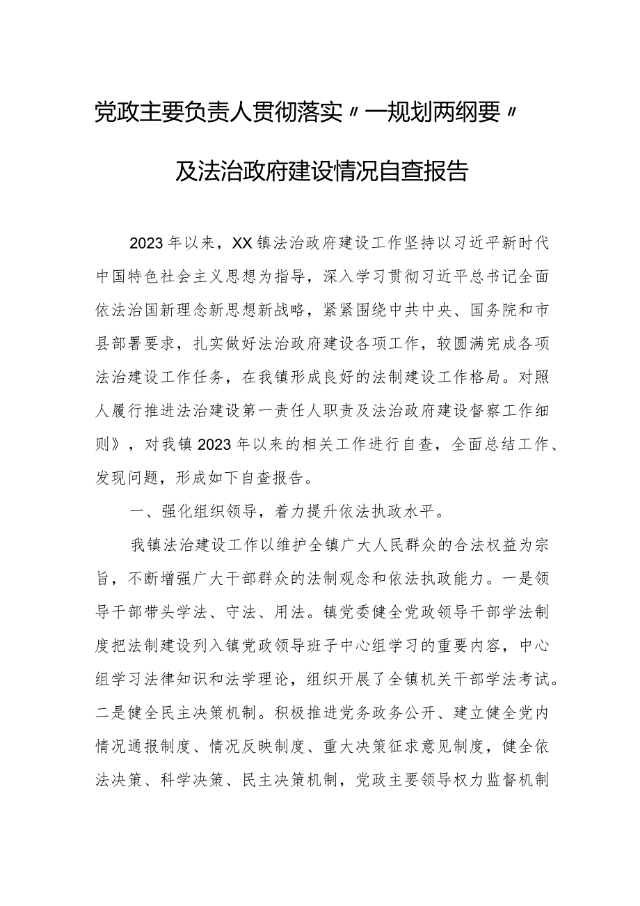 党政主要负责人贯彻落实“一规划两纲要”及法治政府建设情况自查报告.docx_第1页