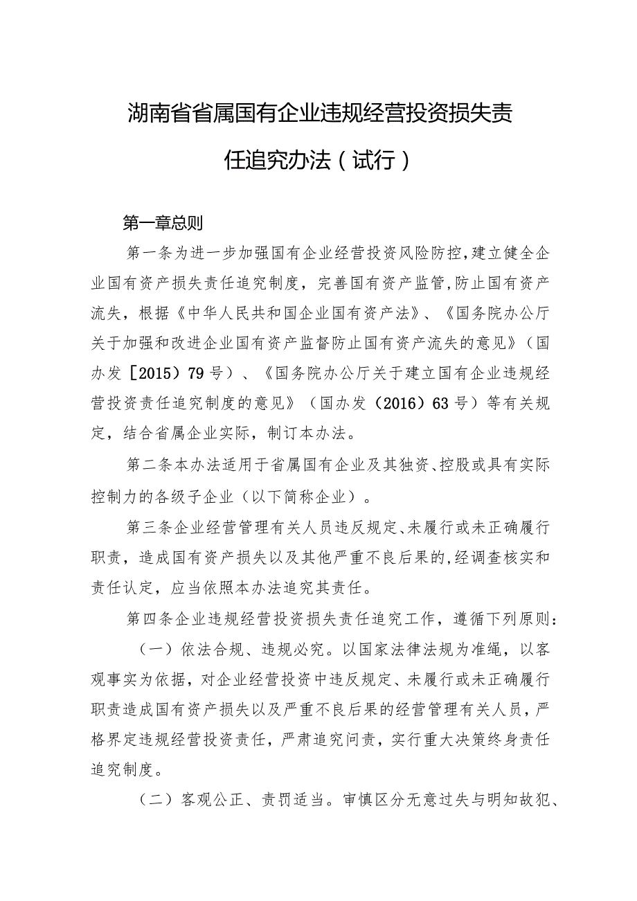 湖南省省属国有企业违规经营投资损失责任追究办法（试行）.docx_第1页