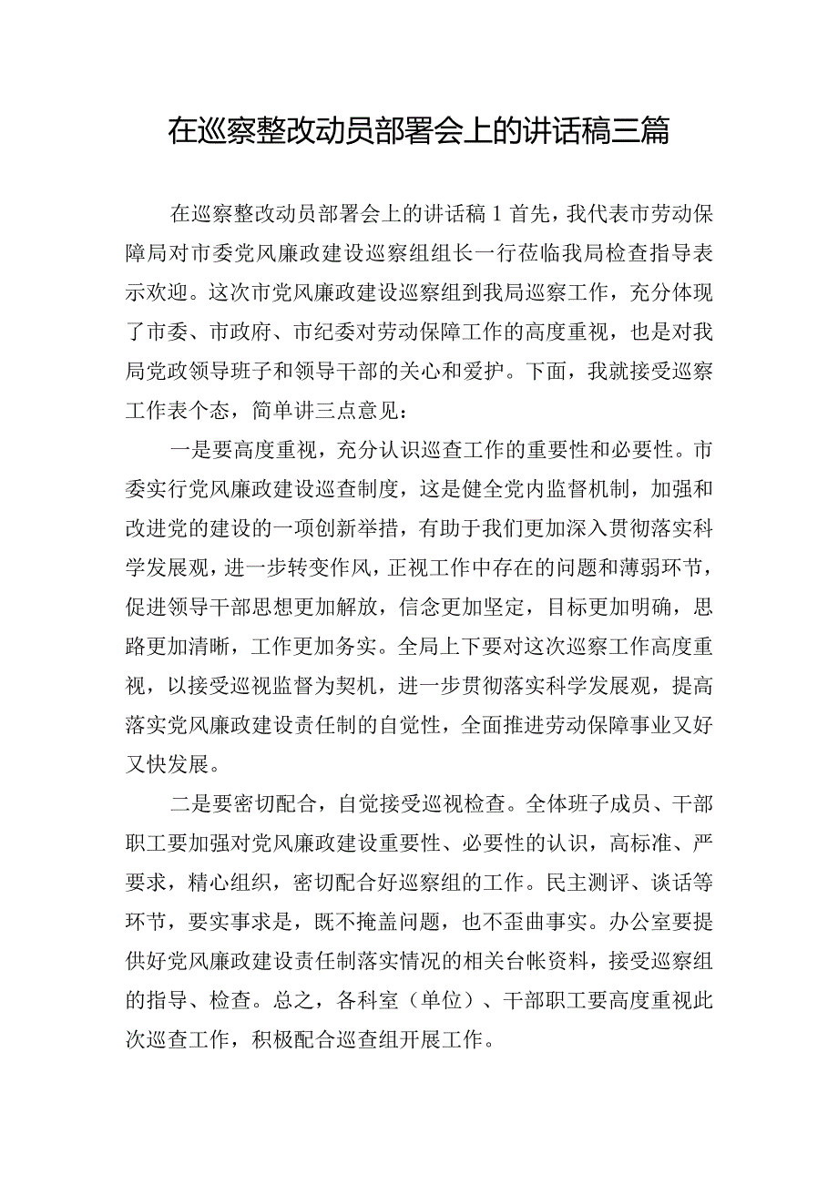 在巡察整改动员部署会上的讲话稿三篇.docx_第1页