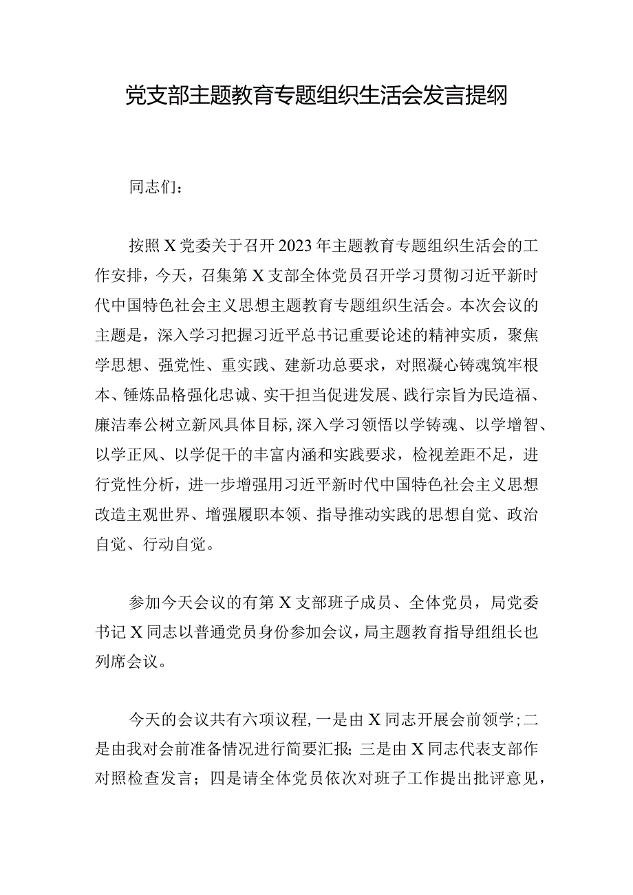 党支部主题教育专题组织生活会发言提纲.docx_第1页