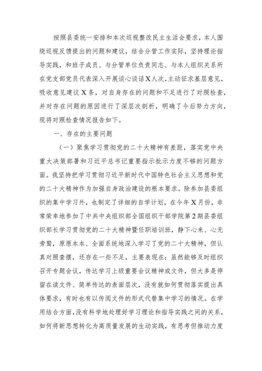 巡视整改专题民主生活个人检查材料发言提纲.docx_第1页