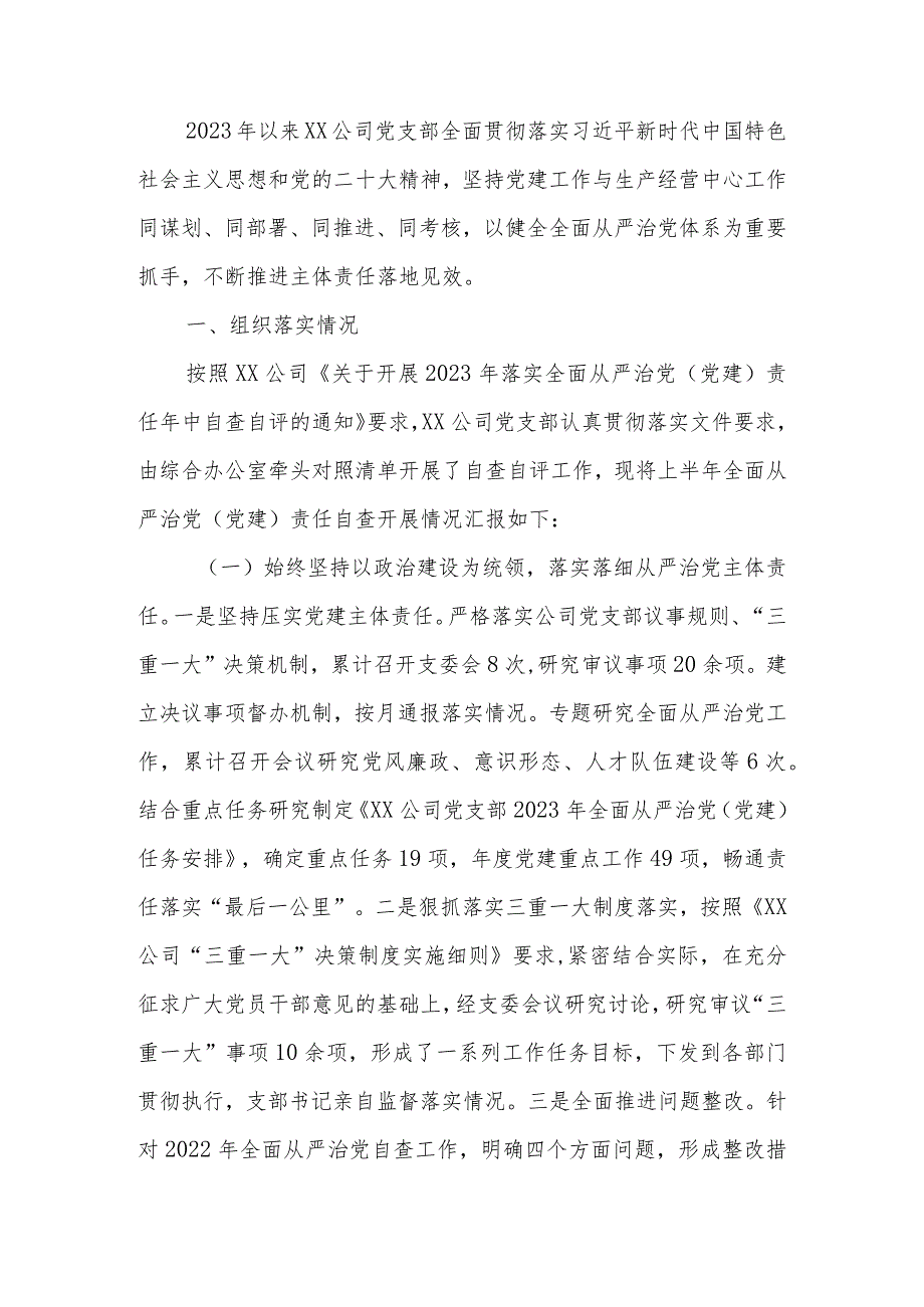 国企党支部2023年落实全面从严治党（党建）责任年中自查报告.docx_第1页