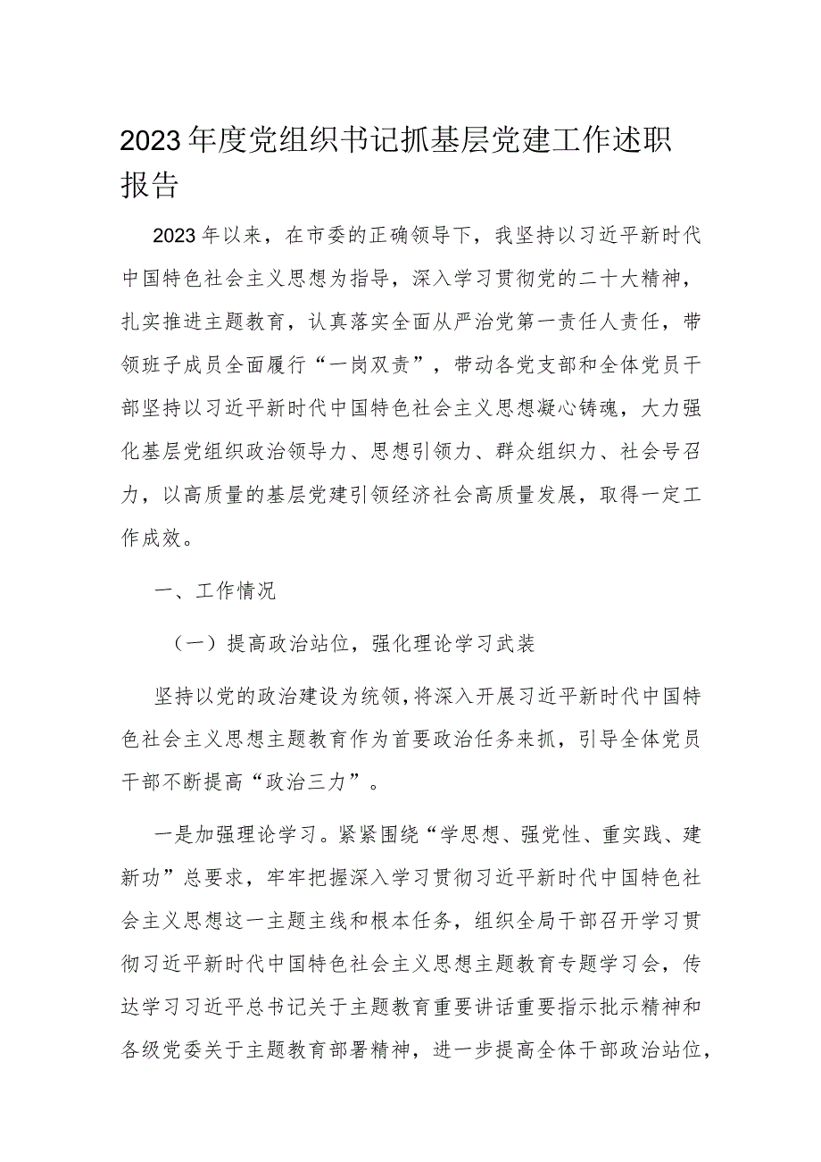 2023年度党组织书记抓基层党建工作述职报告.docx_第1页