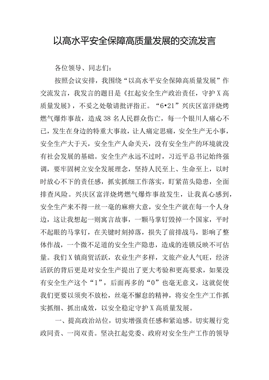 以高水平安全保障高质量发展的交流发言.docx_第1页